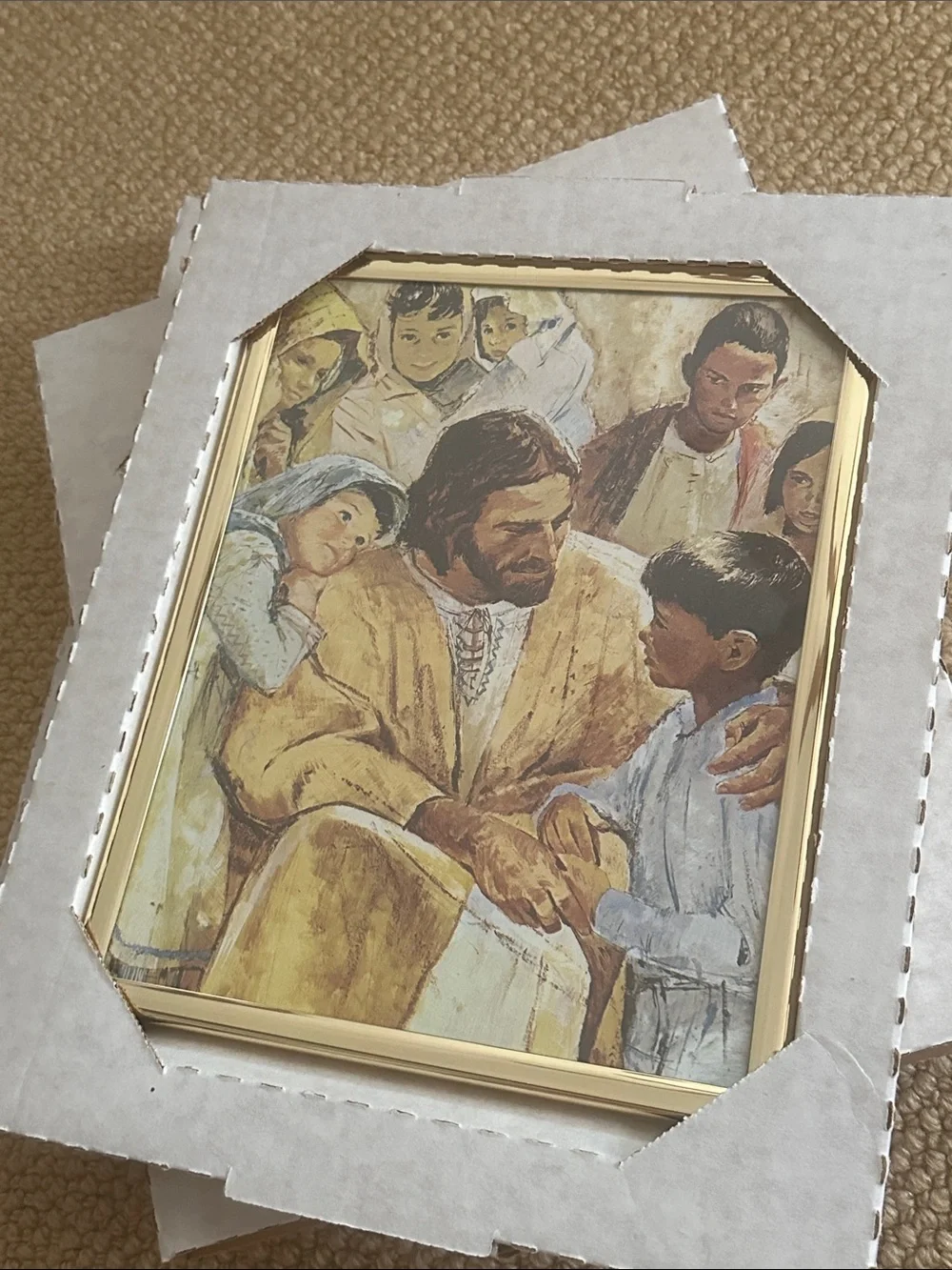 God Loves Children Religious Print - Gold Frame, Warm Tones